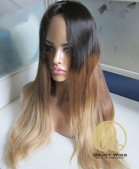 Three Tone Colored Brazilian Virgin Hair Ombre Glueless Full Lace Wigs