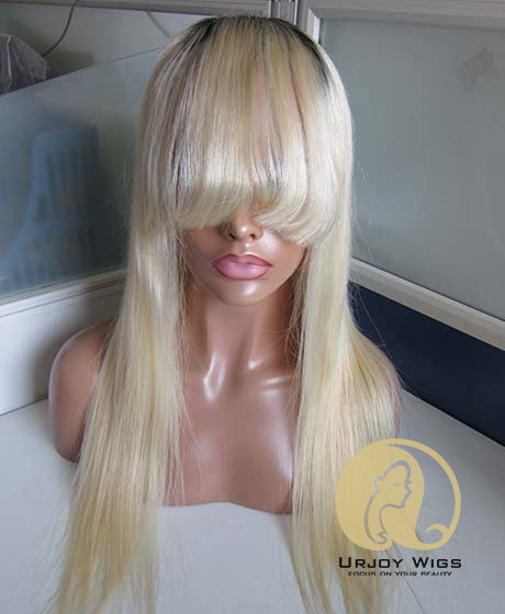 Ombre blonde lace front wig with bangs Two tone virgin brazilian hair glueless wigs