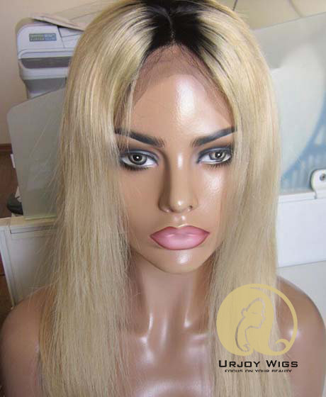 Black roots virgin brazilian hair ombre blonde lace front wig