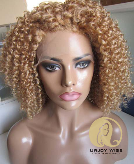 #27 afro curl virgin brazilian hair honey blonde lace front wig