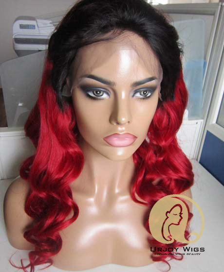 Two tone black roots brazilian virgin hair loose wave ombre red lace front wig
