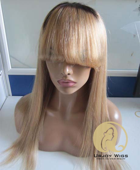 Ombre lace front wig with bangs Two tone virgin peruvian hair wig can ponytail