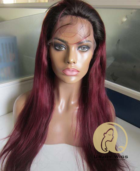 Black roots virgin brazilian hair oombre burgundy lace front wig