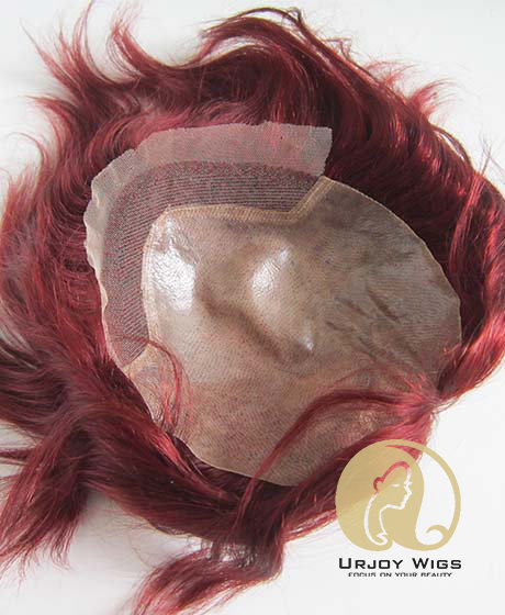 In Stock #99j Wine Red Human Hair Toupee  PU Base with Lace in Front