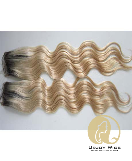 Two tone brazilian virgin hair body wave ombre blonde lace closure with baby hair