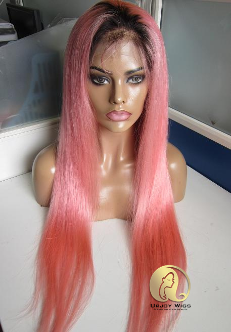Ombre pink color full lace wig two tone colored human hair wig