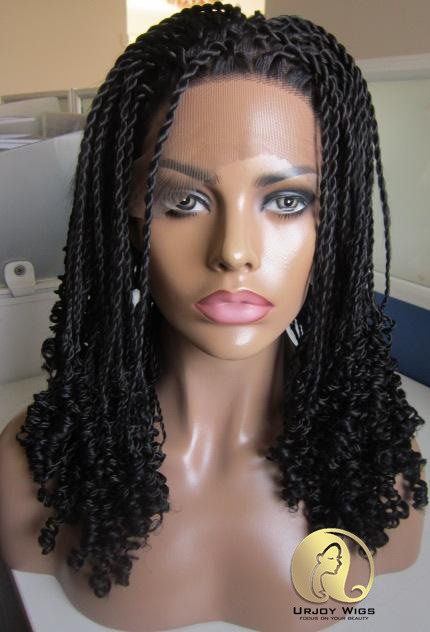 Twist Braided lace front wigs with curly tips for African Americans