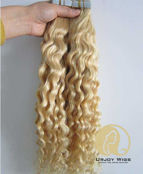 #613 blonde human hair skin weft virgin curly tape hair extensions