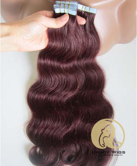 #99 body wave virgin brazilian hair extensions burgundy tape hair extensions