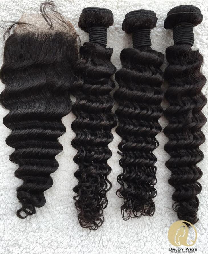Deep wave bundles with closure 4pcs lot makes a full head