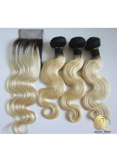 Ombre blonde bundles with lace closure two tone colored 4pcs make a full head