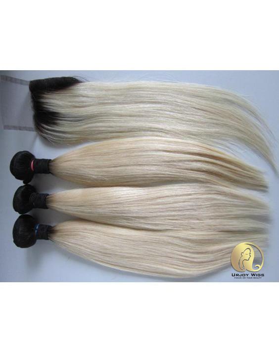 Silky straight ombre blonde hair bundles with lace closure